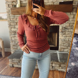 Marsala Scoop Neck Ruffle Detail Top