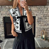 Jackie Black Rose Print Sweater Vest with Velvet Front Tie