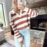 Rust Striped V Neck Knit Top