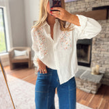 Pure Intentions White Button Up with Floral Embroidered Detailing