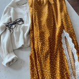 Mustard Polka Dot Lace Trim Maxi Skirt