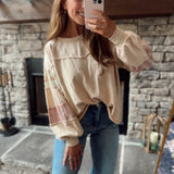 Oat Floral & Plaid Patch Work Sleeve French Terry Pullover