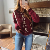 Burgundy Floral Embroidered Cable Knit Sweater