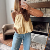 Dusty Yellow Bubble Hem Cut Out Back Tie Shoulder Top