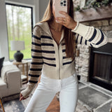 Striped Pointelle Open Knit Zip Up Sweater