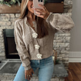 Reagan Mocha Floral Button Cropped Knit Cardi