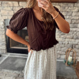 Chocolate Brown Scoop Neck Ruffled Button Down Babydoll Top