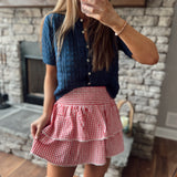 Lola Red/White Gingham Tiered Lace Hem Smocked Mini Skirt