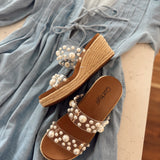 She's Here Clear Pearled Braided Wedge Heels