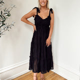 Flawless Presence Black Textured Tie-Shoulder Midi