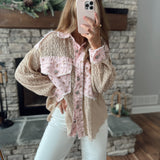 POL Pink Latte Multi Lace& Denim Mix Floral Button Down