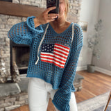 POL Royal Blue American Flag Hooded Crochet Knit Pullover