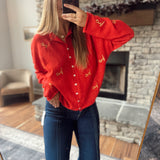 Red Holiday Embroidered Piper Knit Cardigan