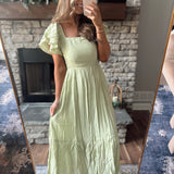 Marais Square Neck Ruffled Front Short Sleeve Midi