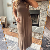 Espresso Asymmetrical Drape Mock Neck Midi Dress