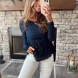 Elliana Navy Cinched & Tiered Crochet Long Sleeve