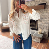Pure Intentions White Button Up with Floral Embroidered Detailing