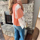 Sunni Coral V Neck Floral Lace Wide Sleeve Top
