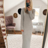 Grey Round Neck Long Sleeve Ribbed Sweater Midi IN STORE