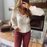 Light Beige Scoop Neck Ruffle Detail Top