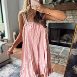 Coastal Elegance Soft Pink Mock Overall Embroidered Flowy Mini