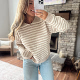 Taupe & Cream Striped Notch Neck Sweater
