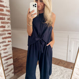 Bust a Move Navy Cap Sleeve Cinch Tie Top with Baggy Pant Set