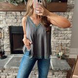 Charcoal High Hopes V Neck Ribbing & Lace Tank