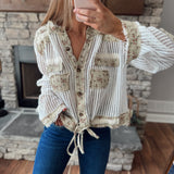 Warm Breeze Olive Multi Floral Gauze/Mesh Mix Hooded Button Down