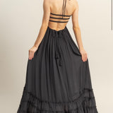 On My Level Mocha Open Back Smocked Tiered Maxi