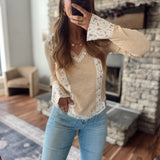 Nude Print Patch Ruffle Ribbed Long Sleeve