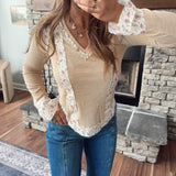 Nude Print Patch Ruffle Ribbed Long Sleeve