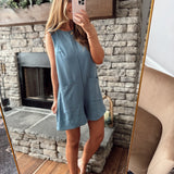 Denim Blue Scuba Sleeveless Romper with Working Buttons
