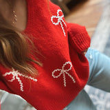 Red Bow Embellished Sweater