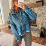 Washed Cobalt Peplum Hem Denim Jacket