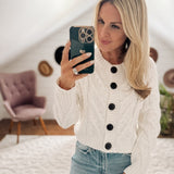 Ivory Button Front Cable Knit Cardigan IN STORE