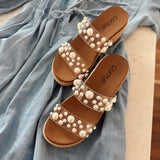 She's Here Clear Pearled Braided Wedge Heels