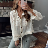 Warm Breeze Cream Floral Gauze/Mesh Mix Hooded Button Down