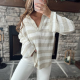 Nancy Sand Multi V Neck Striped Knit Sweater