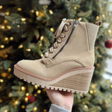 It Girl Taupe Chunky Wedge Heel Lace Up Bootie