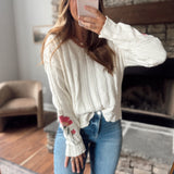 Ivory Flower Embroidered Cable Sweater Top