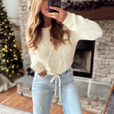 Cream Drawstring Cable Knit Sweater
