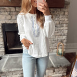 Jazzy Ivory Embroidered French Terry Long Sleeve Henley