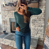 Hunter Green Basic Scoop Neck Lettuce Edge Long Sleeve