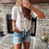 White Collared Embroidered Front Ties Top