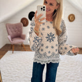 Cream & Blue Lace Trim Sweater
