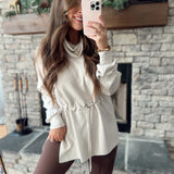 Evelyn Ecru Scuba Turtle Neck Pullover with Drawstring Waist