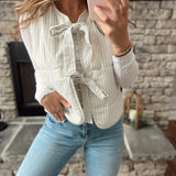 Modern Chic White/Blue Pin Stripe Front Ties Puffer Vest