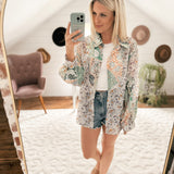 So Delighted Mint Floral Mix Sheer Button-Up