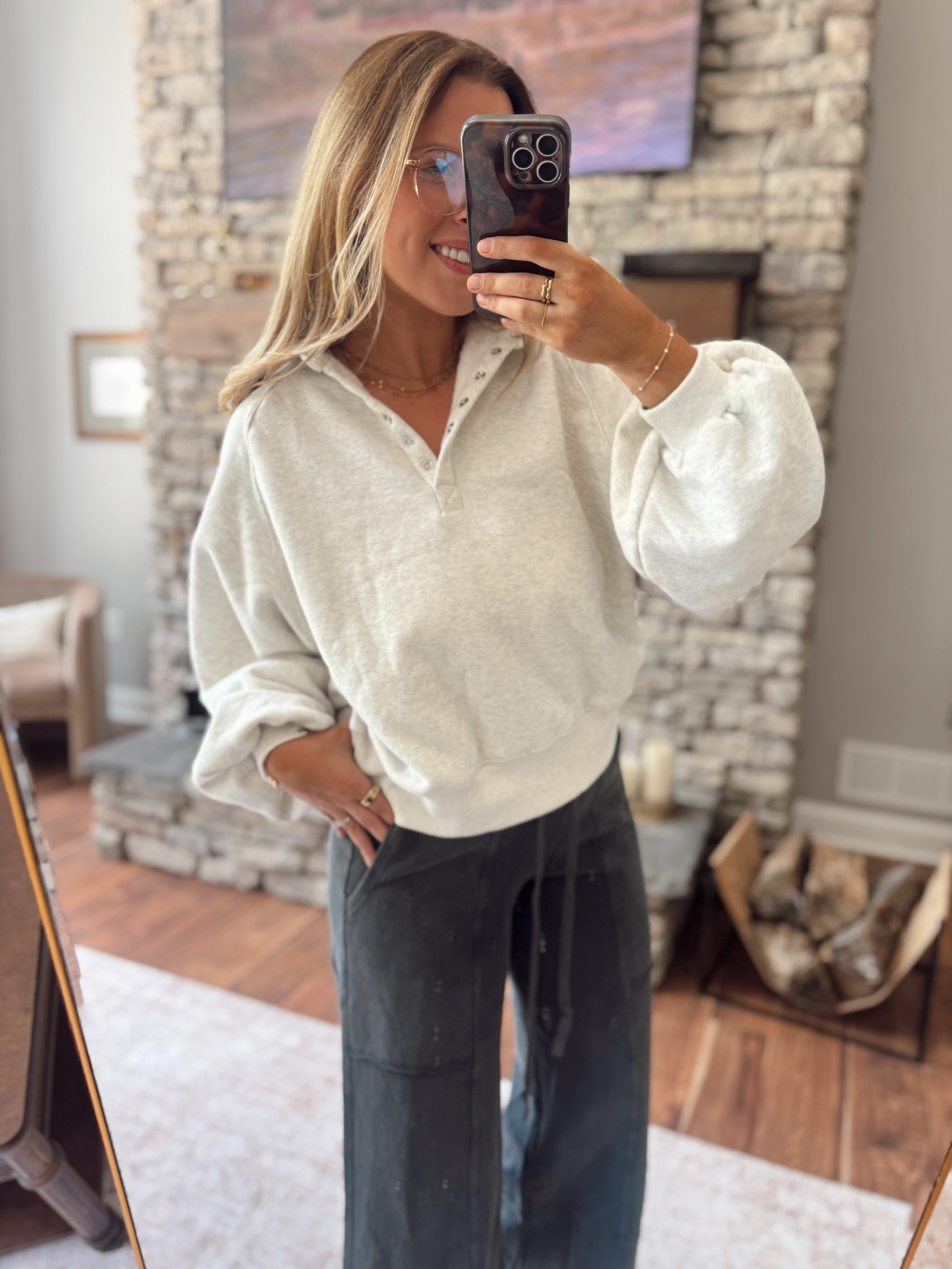White Melange Montauk Snap Button Pullover